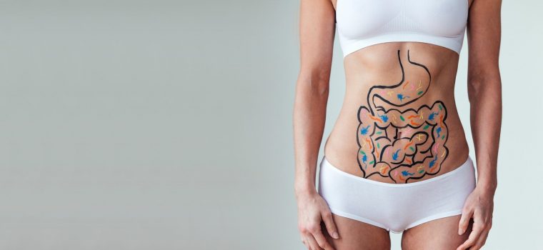 Female with an illustration on her abdomen of intestines with colourful bacteria